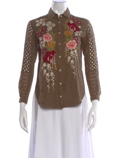 Pre-owned Johnny Was Floral Print Long Sleeve Blouse In Brown