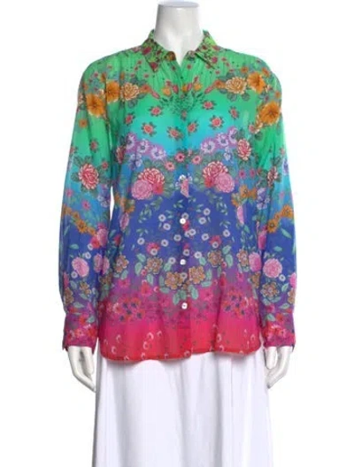 Pre-owned Johnny Was Floral Print Long Sleeve Blouse In Pink