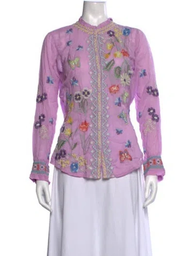 Pre-owned Johnny Was Floral Print Long Sleeve Blouse W/ Tags In Purple