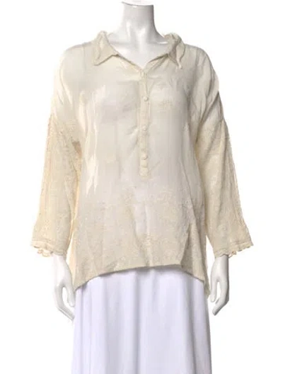 Pre-owned Johnny Was Floral Print Long Sleeve Blouse In White