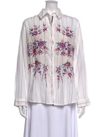 Pre-owned Johnny Was Floral Print Long Sleeve Blouse In White