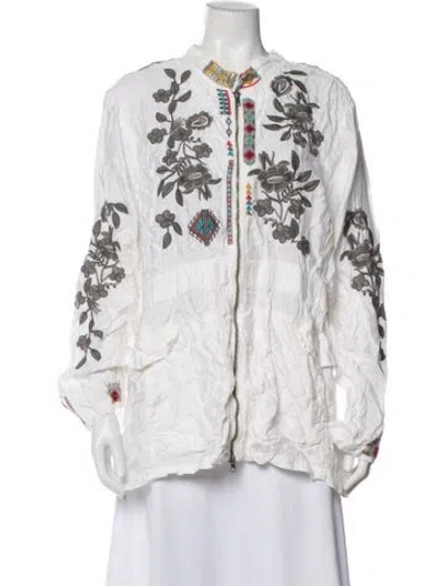 Pre-owned Johnny Was Floral Print Long Sleeve Blouse In White