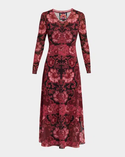 Johnny Was Floral-print Mesh Midi Dress In Red