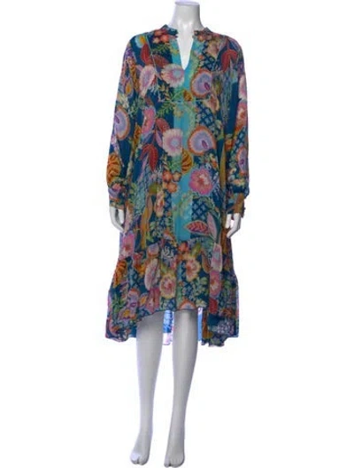 Pre-owned Johnny Was Floral Print Midi Length Dress W/ Tags In Blue