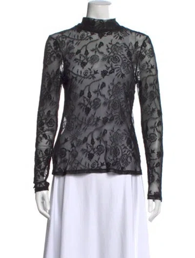 Pre-owned Johnny Was Floral Print Mock Neck Blouse In Black