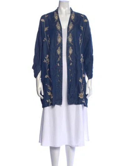Pre-owned Johnny Was Floral Print Open Front Sweater In Blue