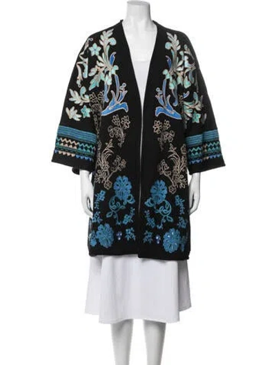 Pre-owned Johnny Was Floral Print Open Front Sweater In Blue