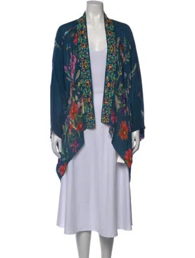 Pre-owned Johnny Was Floral Print Open Front Sweater In Blue
