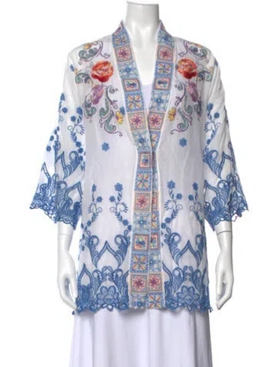 Pre-owned Johnny Was Floral Print Open Front Sweater W/ Tags In Blue