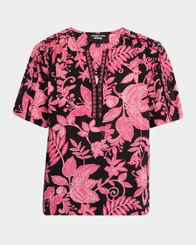 Johnny Was Floral-print Ruffle Cotton Top In Pink