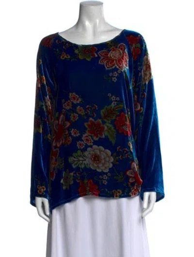 Pre-owned Johnny Was Floral Print Scoop Neck Blouse In Blue