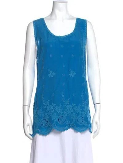Pre-owned Johnny Was Floral Print Scoop Neck Blouse In Blue