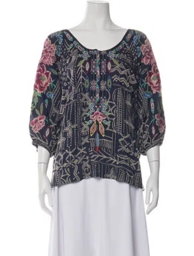 Pre-owned Johnny Was Floral Print Scoop Neck Blouse In Purple