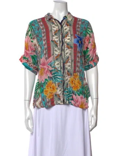 Pre-owned Johnny Was Floral Print Short Sleeve Blouse In Multicolor