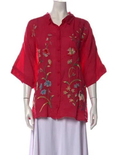 Pre-owned Johnny Was Floral Print Short Sleeve Blouse In Pink