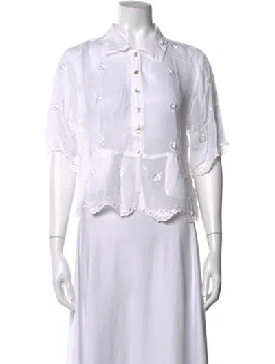 Pre-owned Johnny Was Floral Print Short Sleeve Blouse In White