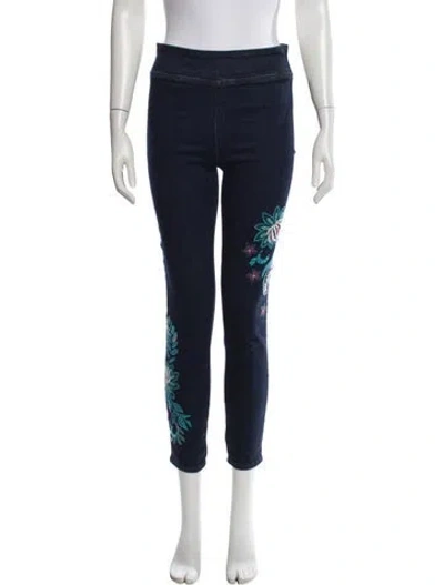Pre-owned Johnny Was Floral Print Skinny Leg Pants In Black