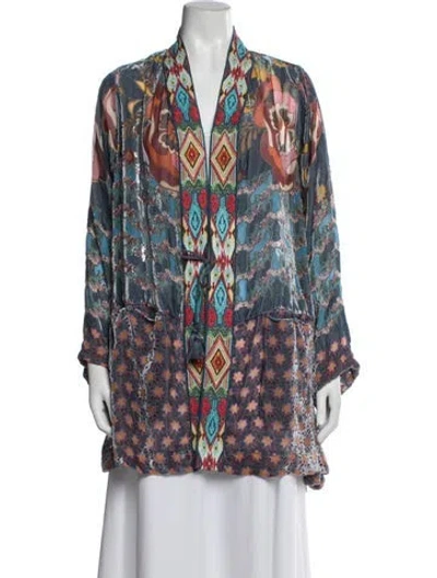 Pre-owned Johnny Was Floral Print Tassel Accents Robe W/ Tags In Blue