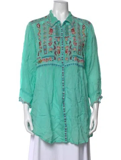 Pre-owned Johnny Was Floral Print Three-quarter Sleeve Blouse In Green
