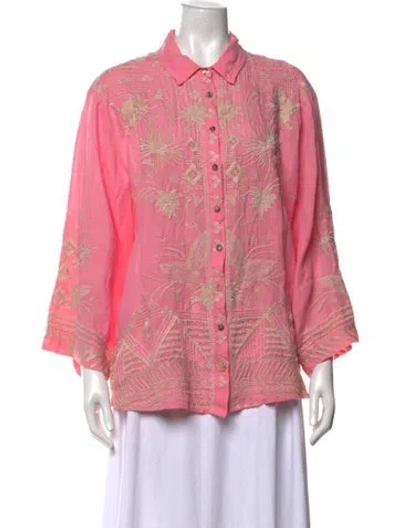 Pre-owned Johnny Was Floral Print Three-quarter Sleeve Blouse In Pink