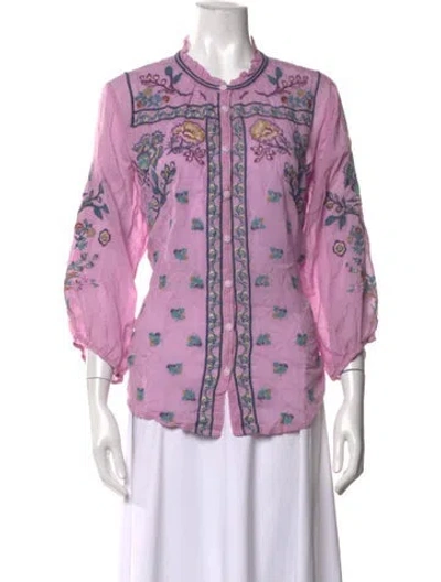 Pre-owned Johnny Was Floral Print Three-quarter Sleeve Blouse In Purple