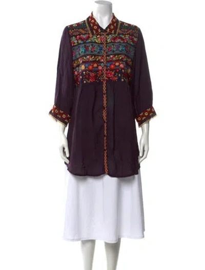 Pre-owned Johnny Was Floral Print Three-quarter Sleeve Blouse In Purple
