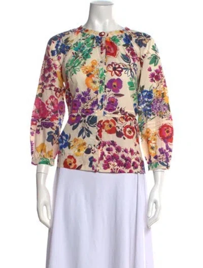 Pre-owned Johnny Was Floral Print Three-quarter Sleeve Blouse W/ Tags In Multicolor