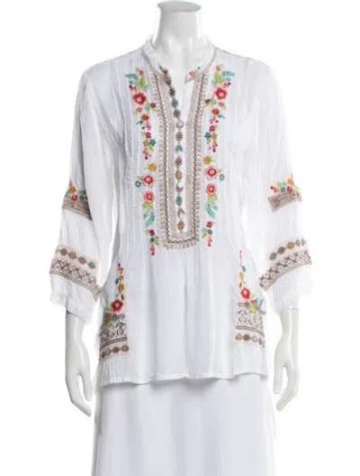 Pre-owned Johnny Was Floral Print Three-quarter Sleeve Blouse In White