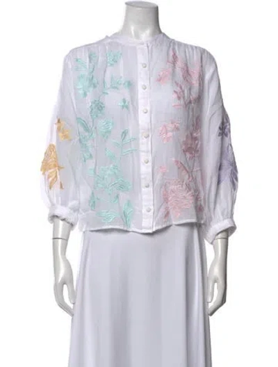 Pre-owned Johnny Was Floral Print Three-quarter Sleeve Blouse In White