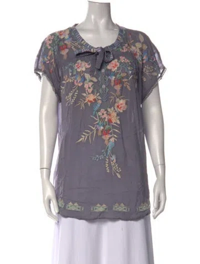 Pre-owned Johnny Was Floral Print Tie Neck Blouse In Multicolor