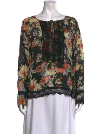 Pre-owned Johnny Was Floral Print Tie Neck Blouse In Multicolor