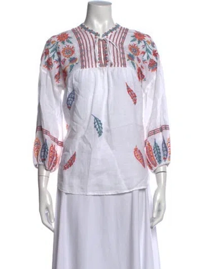 Pre-owned Johnny Was Floral Print Tie Neck Blouse In White