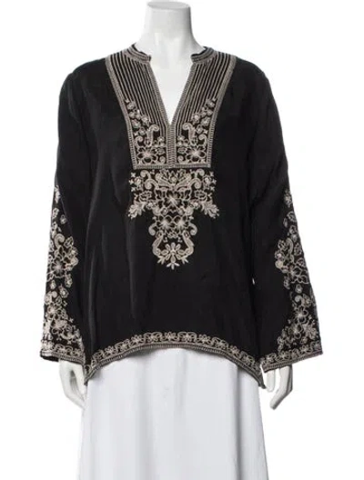 Pre-owned Johnny Was Floral Print V-neck Blouse In Black