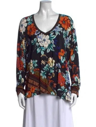 Pre-owned Johnny Was Floral Print V-neck Blouse In Black