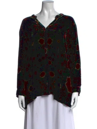 Pre-owned Johnny Was Floral Print V-neck Blouse In Black