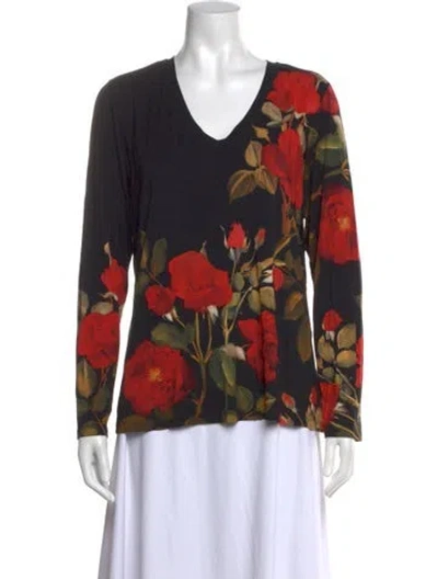 Pre-owned Johnny Was Floral Print V-neck Blouse In Black