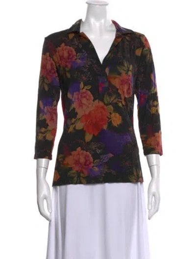 Pre-owned Johnny Was Floral Print V-neck Blouse In Black