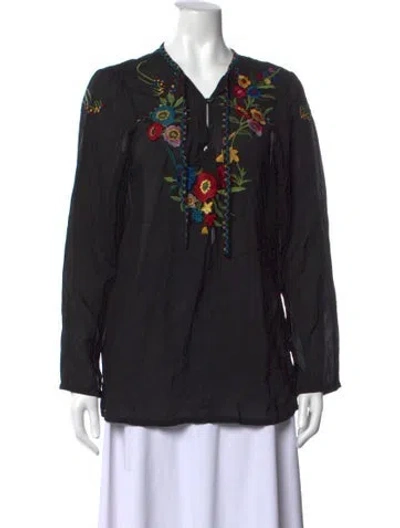 Pre-owned Johnny Was Floral Print V-neck Blouse In Black