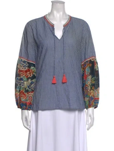 Pre-owned Johnny Was Floral Print V-neck Blouse In Blue