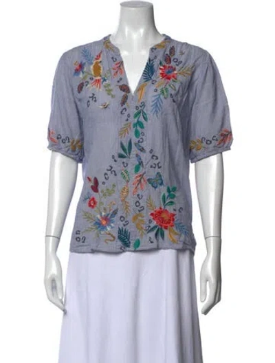 Pre-owned Johnny Was Floral Print V-neck Blouse In Blue