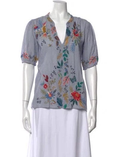 Pre-owned Johnny Was Floral Print V-neck Blouse In Blue