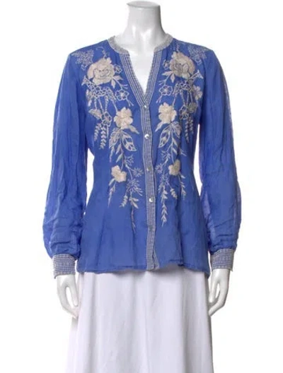 Pre-owned Johnny Was Floral Print V-neck Blouse In Blue