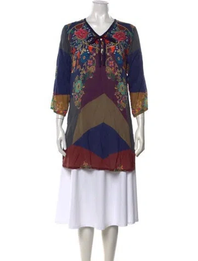 Pre-owned Johnny Was Floral Print V-neck Blouse In Blue