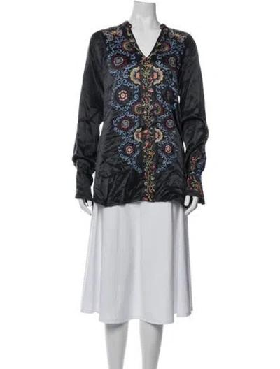 Pre-owned Johnny Was Floral Print V-neck Blouse In Blue