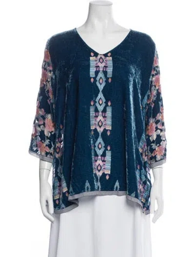 Pre-owned Johnny Was Floral Print V-neck Blouse In Blue