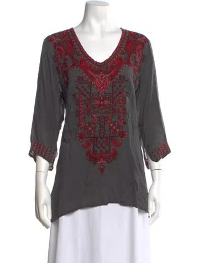 Pre-owned Johnny Was Floral Print V-neck Blouse In Grey