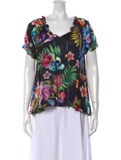 Pre-owned Johnny Was Floral Print V-neck Blouse In Multi