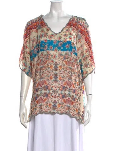 Pre-owned Johnny Was Floral Print V-neck Blouse In Multicolor