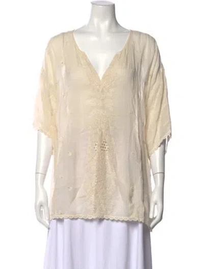 Pre-owned Johnny Was Floral Print V-neck Blouse In Neutral
