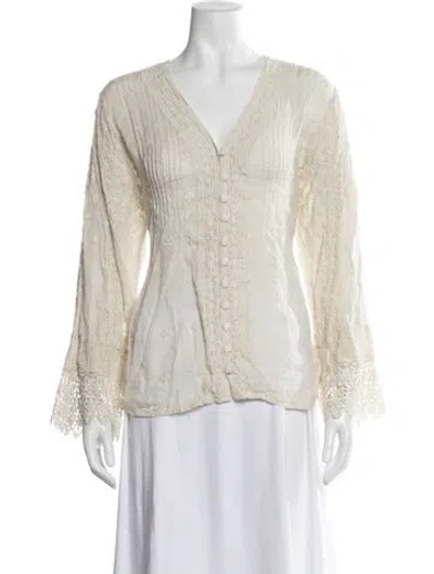 Pre-owned Johnny Was Floral Print V-neck Blouse In Neutrals